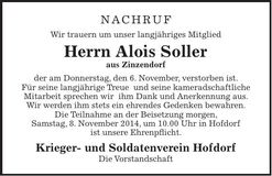 Traueranzeige Alois Soller