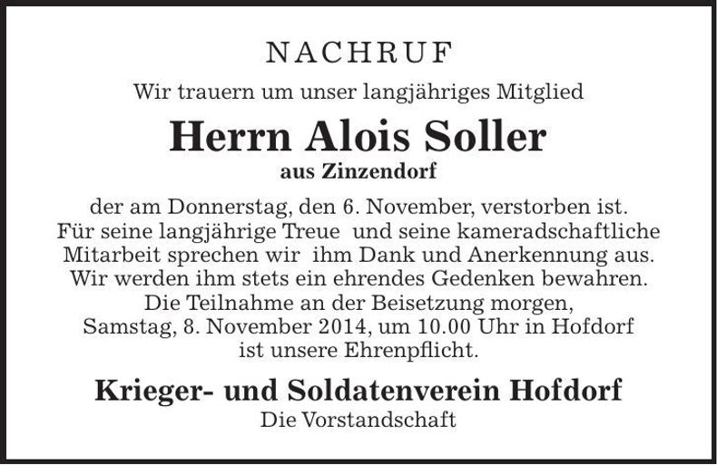 Traueranzeige Alois Soller