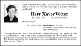 Traueranzeige Xaver Vetter