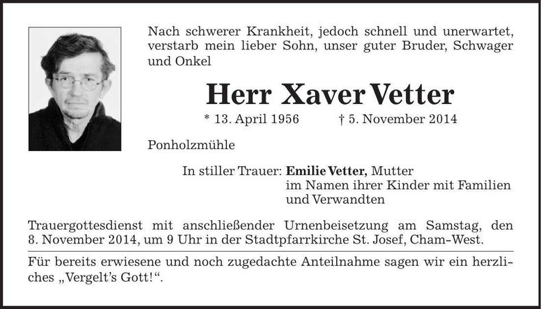 Traueranzeige Xaver Vetter