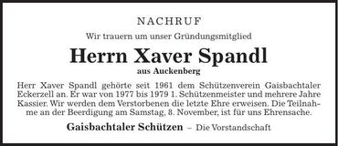 Traueranzeige Xaver Spandl