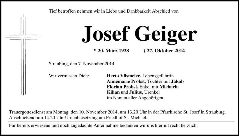Traueranzeige Josef Geiger