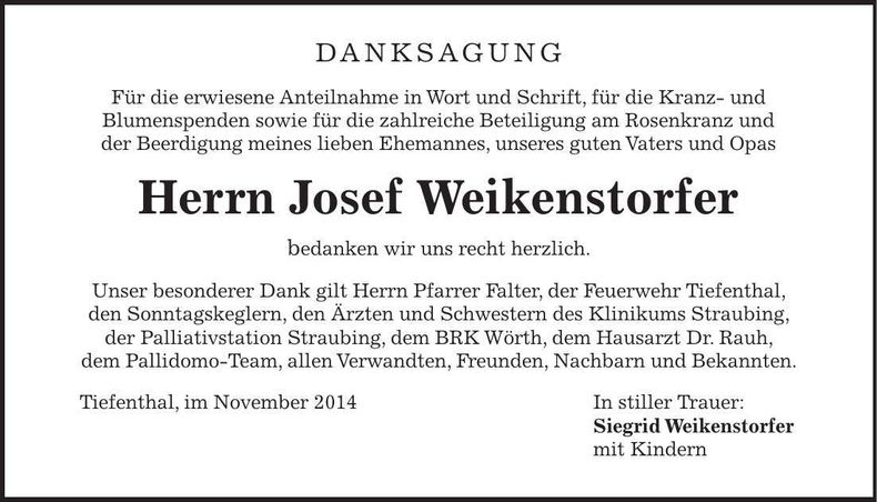 Traueranzeige Josef Weikenstorfer