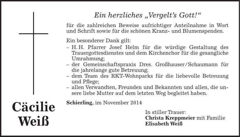 Traueranzeige Cäcilie Weiß