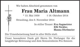 Traueranzeige Maria Altmann