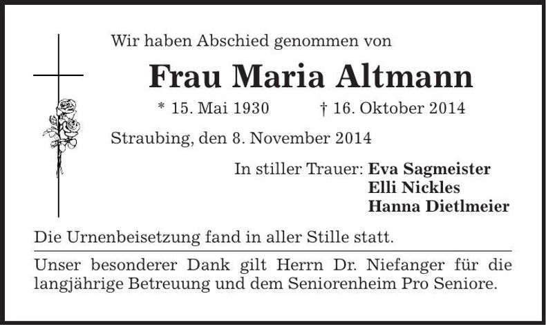 Traueranzeige Maria Altmann