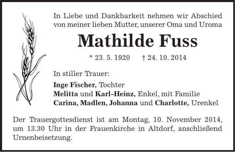Traueranzeige Mathilde Fuss
