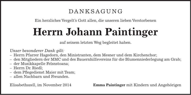 Traueranzeige Johann Paintinger