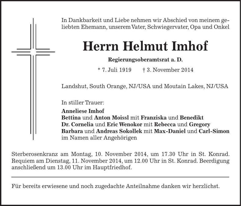 Traueranzeige Helmut Imhof
