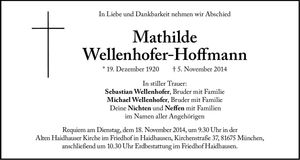 Traueranzeige Mathilde Wellenhofer-Hoffmann