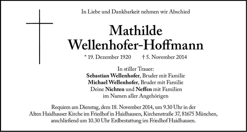 Traueranzeige Mathilde Wellenhofer-Hoffmann