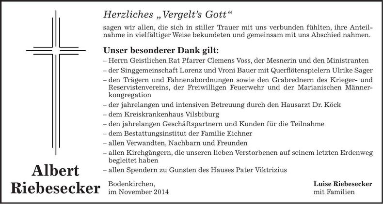 Traueranzeige Albert Riebesecker