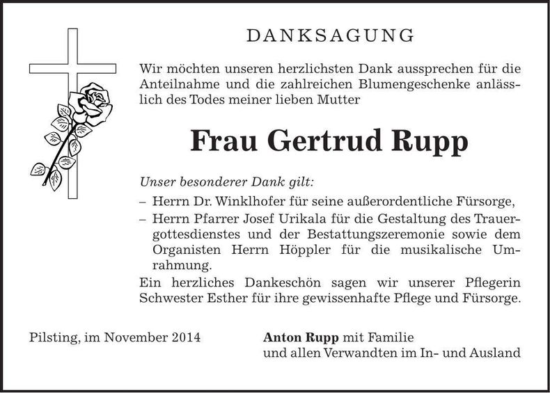 Traueranzeige Gertrud Rupp
