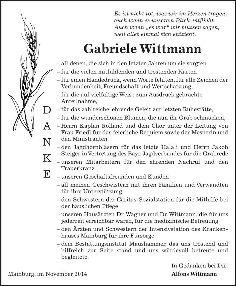 Traueranzeige Gabriele Wittmann