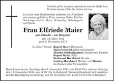 Traueranzeige Elfriede Maier