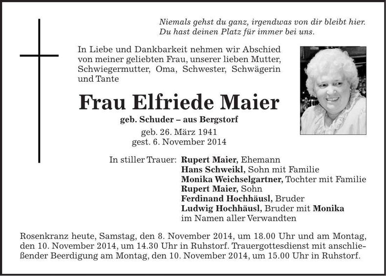 Traueranzeige Elfriede Maier