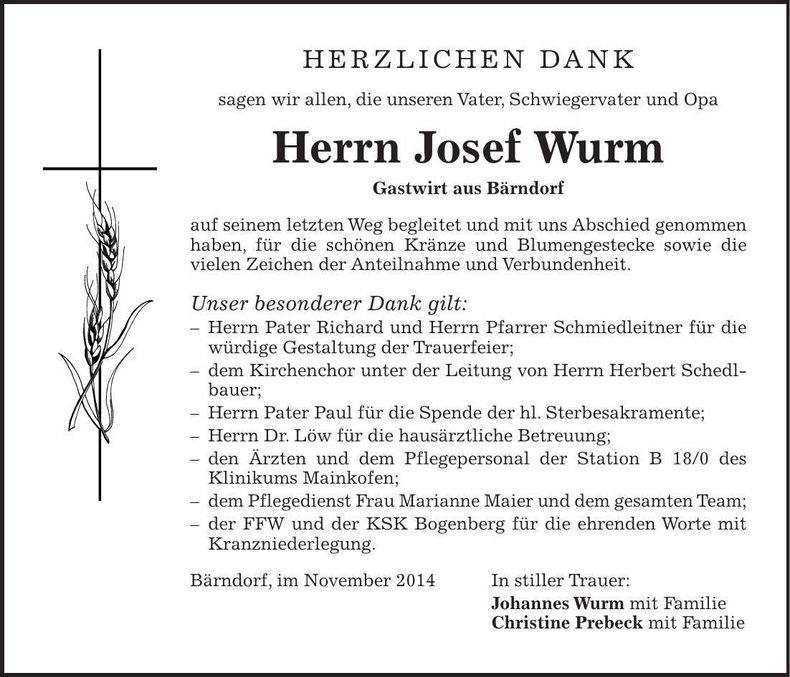 Traueranzeige Josef Wurm