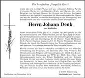 Traueranzeige Johann Denk
