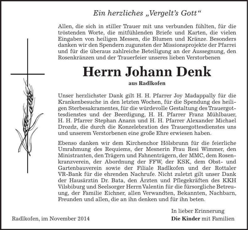 Traueranzeige Johann Denk