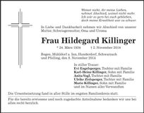 Traueranzeige Hildegard Killinger