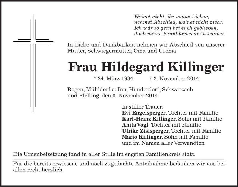 Traueranzeige Hildegard Killinger