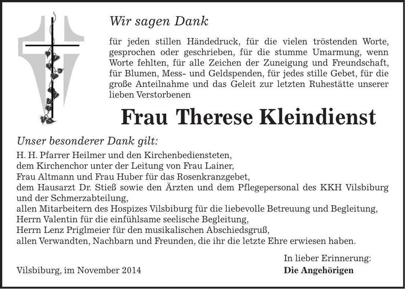Traueranzeige Therese Kleindienst
