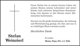 Traueranzeige Stefan Weinzierl