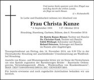 Traueranzeige Christa Kunze