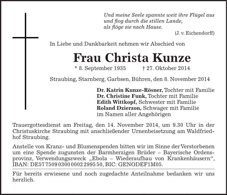 Traueranzeige Christa Kunze