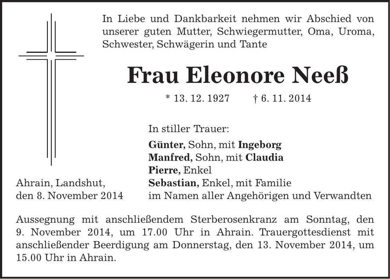 Traueranzeige Eleonore Neeß