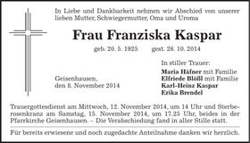 Traueranzeige Franziska Kaspar