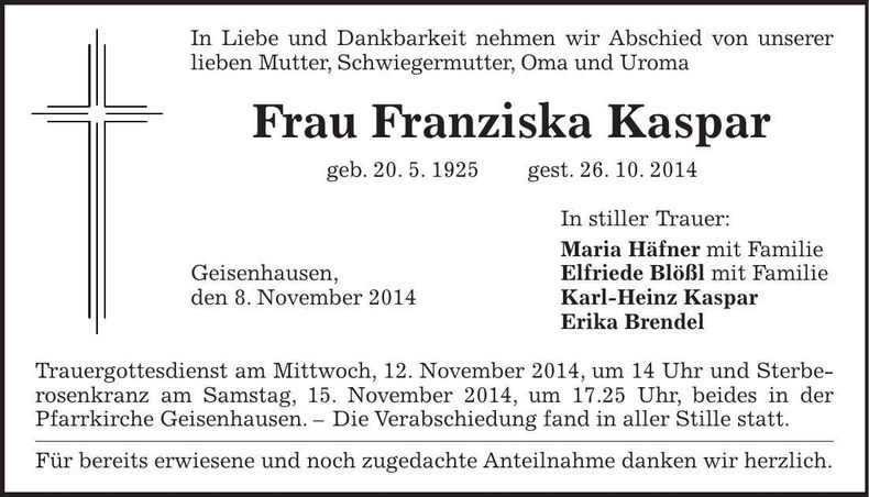 Traueranzeige Franziska Kaspar