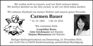Traueranzeige Carmen Bauer