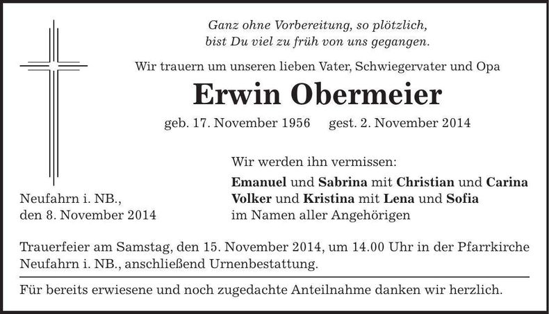Traueranzeige Erwin Obermeier