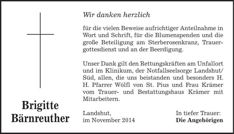 Traueranzeige Brigitte Bärnreuther
