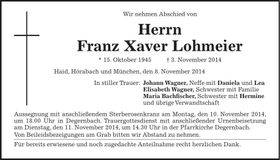 Traueranzeige Franz Xaver Lohmeier