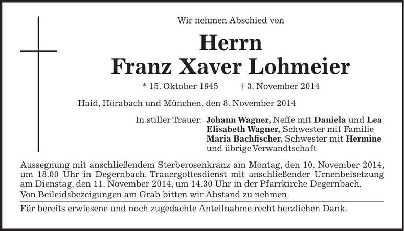 Traueranzeige Franz Xaver Lohmeier