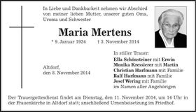 Traueranzeige Maria Mertens