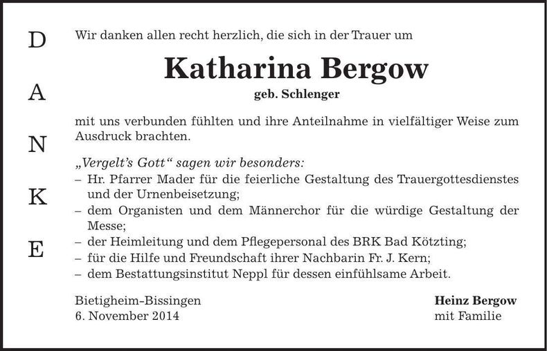 Traueranzeige Katharina Bergow