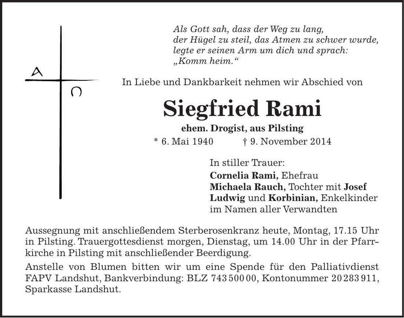 Traueranzeige Siegfried Rami