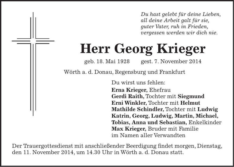 Traueranzeige Georg Krieger