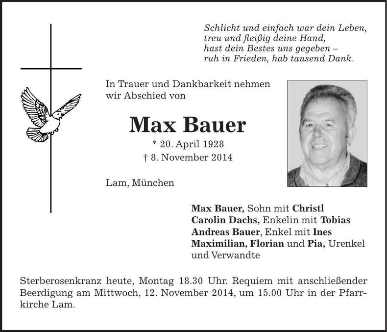 Traueranzeige Max Bauer