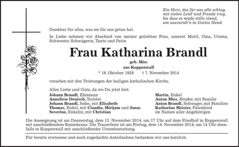 Traueranzeige Katharina Brandl