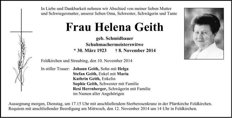 Traueranzeige Helena Geith