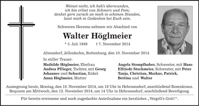 Traueranzeige Walter Höglmeier