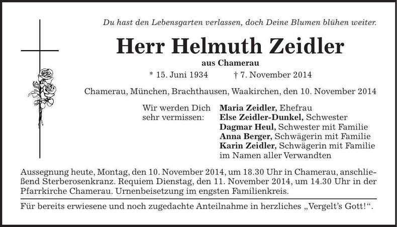 Traueranzeige Helmuth Zeidler