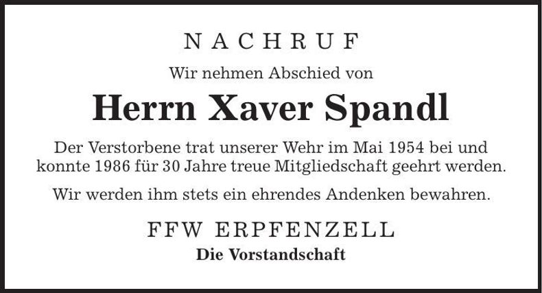 Traueranzeige Xaver Spandl