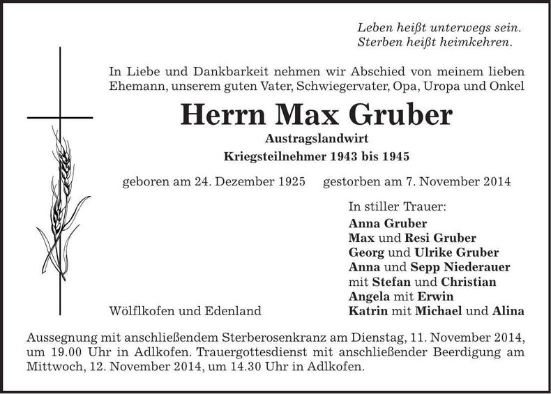 Traueranzeige Max Gruber