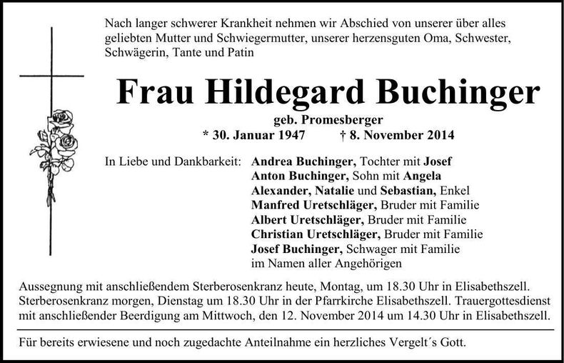 Traueranzeige Hildegard Buchinger
