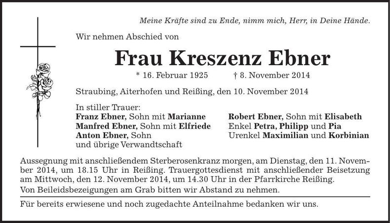 Traueranzeige Kreszenz Ebner